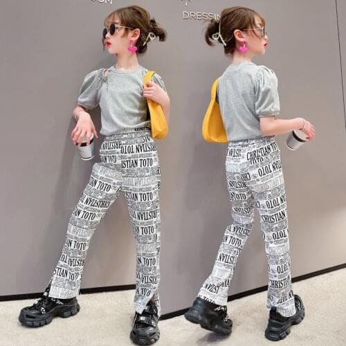 Teen Kids Sports Set 2021 Girls Summer Puff Sleeve Slim Short-sleeved Top + Letter Flared Trousers 2PCS