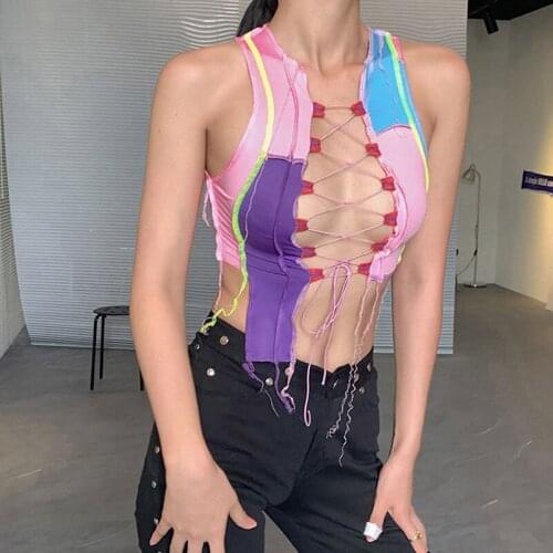 Yhotmeng slim vest womens hot new 2020 Summer new womens contrast color straps sexy hollow short slim vest women pink purple
