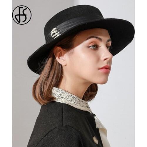FS British Wool Felt Flat-top Brim Fedora Hats For Women Autumn Winter Church Cloche Derby Hat Fedoras Bowler Cap With Ribbon