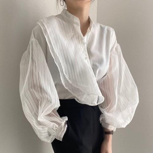Womens Spring Autumn Designer White Black Mesh Patchwork Asymmetric Shirt Female Casual Loose T Shirt Top TB440
