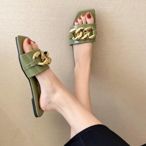 2021 Hot Summer Metal Chain Womens Slippers Ladies Fashion Flat Casual Shoes Women Beach Slipper Female Footwear Plus Size