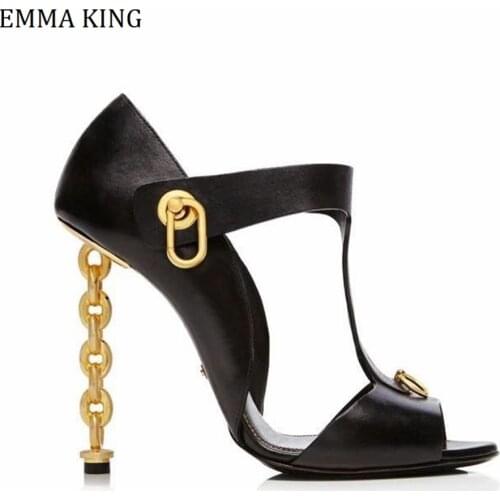 Sexy Hollow Out Golden Strange Heels Woman Sandasl Sexy Metal Buckle Ring Decoration Woman Party FemaleDress Shoes Big Size 43
