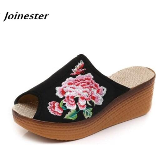 Open Mouth Canvas Wedge Slippers for Women Peep Toe Floral Embroidery Slides Platform Slippers Casual Summer Shoe Ladies Sandals
