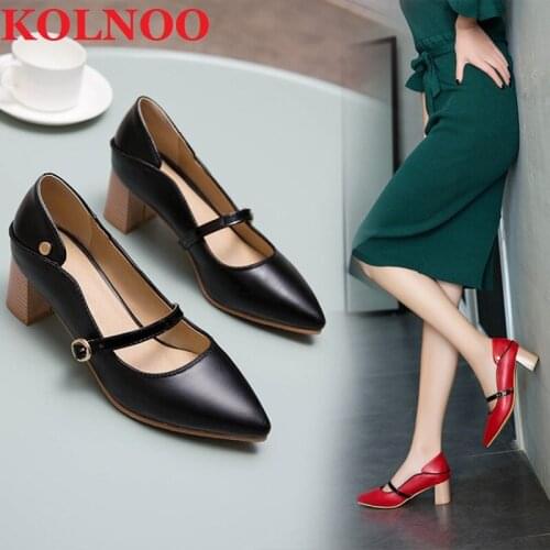 KOLNOO Handmade New Style Ladies Chunky Heels Pumps Mary Janes Pointed-Toe Sexy Daily Wear Office-Lady Fashion Party Court Shoes