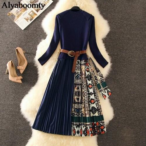 Korean Chic Fall Winter Women Sweater Dress Black Navy Green Patchwork Bohemian Pleated Dress Elegant Sashes Midi Knitted Dress