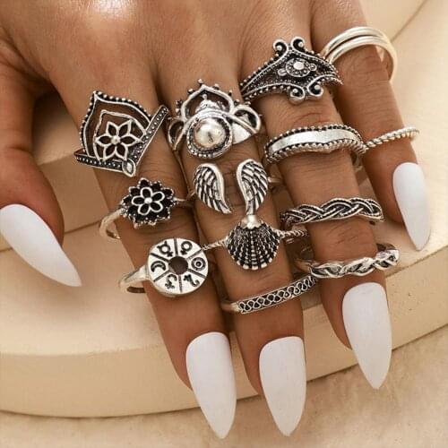 12/14pcs Set Vintage Bohemian Star Flowers Shaped Rings For Women Punk Boho Beach Female Girls Finger Rings Kits Jewelry