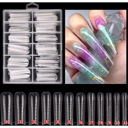 120Pcs Long Ballerina Fake Nails Quick Building Mold Tips Nail Dual Forms Finger Extension Poly Nail Gel Builder Tools
