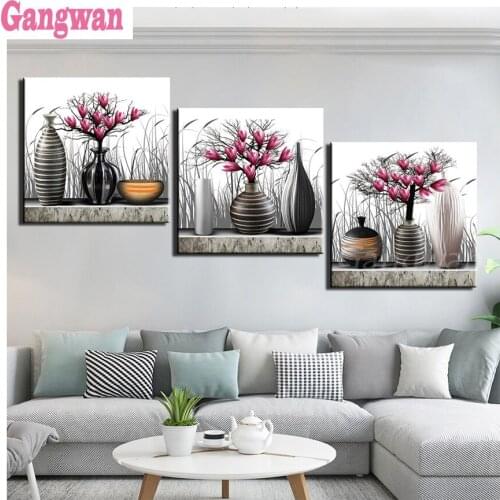 3 pcs Still Life Magnolia art 5d diy diamond painting flower vase cross stitch full square round mosaic diamond embroidery decor