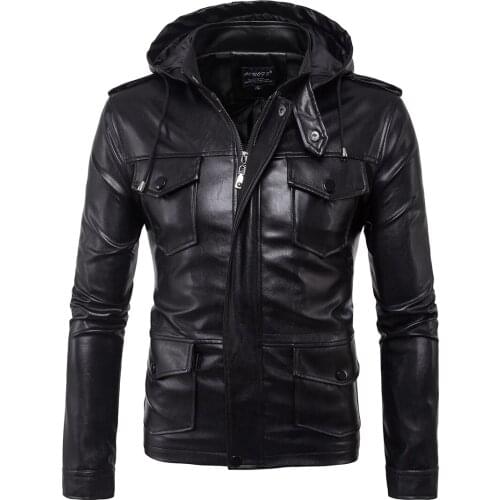 Biker Hooded Leather Jacket for Men New Style Multi Pocket Casual Solid Color Autumn Winter Mens Leather Jacket