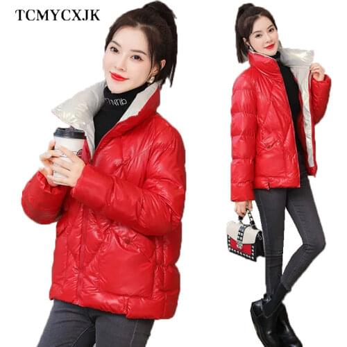 Glossy Stand-up Collar Winter Padded Jacket Womens 2021 Korean Loose Thick Plus Size Clothing Jacket Warm Vintage Woman Coat