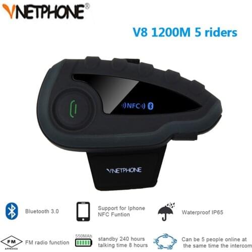 Vnetphone V8 without Remote Control 5-Way Group Talk NFC 1200M Bluetooth Motorcycle Helmet Headset Intercom with FM Radio