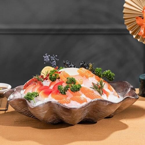 Big shell salmon decoration buffet restaurant Dry ice Creative plate dish Japanese Seafood sushi fish sashimi ice plate large