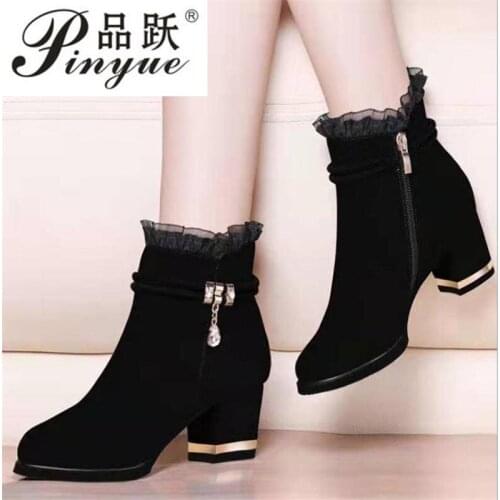 Spring Fall Mesh Boots Woman Womens Shoes Rhinestone Square Heel Sequins Booties Zip Patent Leather For Female Black