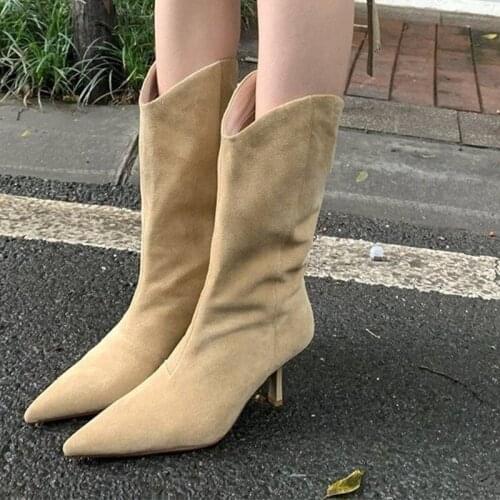 New Sexy Women Mid-Calf Boots Fashion Short Boots Shoes Thin Low Heel Pointed Toe Ladies Suede Slip On Chelsea Boots Brand 2021