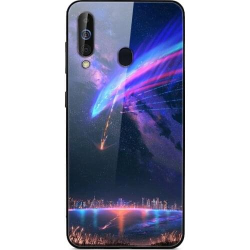 For Samsung Galaxy M30 Phone Case Tempered Glass Case Back Cover With Black Silicone Bumper Series 2