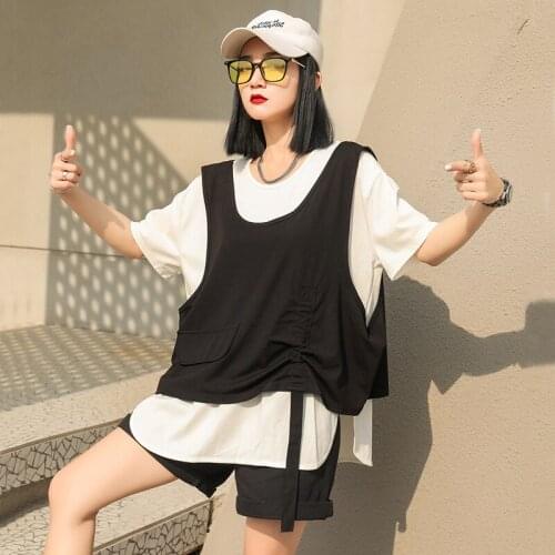 Men Summer Fashion Japan Harajuku Simple Style T-shirt Round Neck Solid Color Vest T-shirt Two Piece