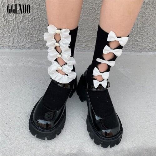 GGLNOO Japanese Harajuku Sweet Bow Ruffles Sexy Hollow Out Black White Elastic Socks Women Girls