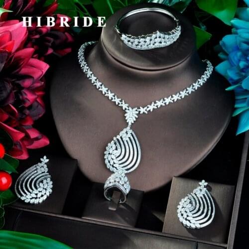 HIBRIDE 4pcs Bridal Zirconia Necklace Earrings Rings For Women Party Luxury Dubai Nigeria CZ Crystal Wedding Jewelry Sets N-806