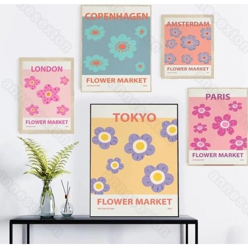 Modern Style Canvas City Names Like London Paris Green Red and Yellow Little Flowers Painting Poster for Home Rooms Wall Decorat