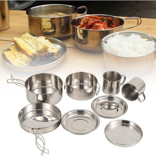 Duolvqi 8PCS Stainless Steel Cooking Pots Pan Dish Water Cup For Picnic Outdoor Camping Climbing Kitchen Pot Set Cookware cocina