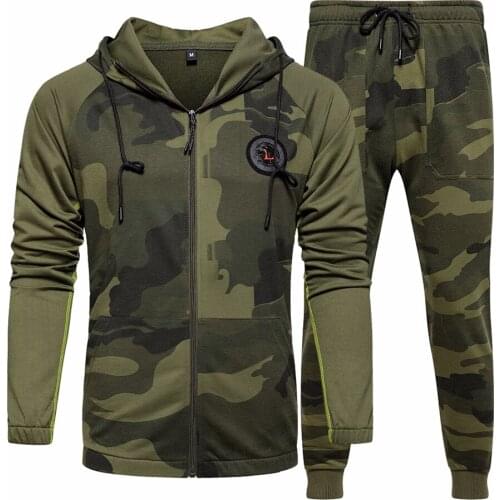 2 Pieces Sets Camo Jacket + Pants suit Men Autumn Sporting Clothing Tracksuit Hooded Outerwear Hoodie Fitness Sweatshirts