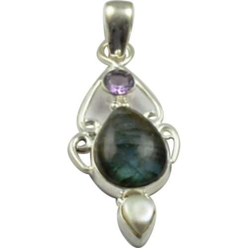 Lovegem Nature Labradorite & Pearl & Amethyst Pendant 925 Sterling Silver, 50.3 mm, MHBAP5032