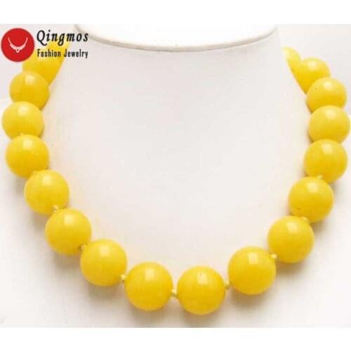 Qingmos Trendy 20mm Round Natural Yellow Jades 17" Chokers Necklace for Women with Genuine Jades Necklace Jewelry-nec5984