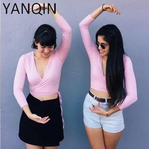 Fashion harajuku Low Front deep v neck Wrap crop top tee T-shirt women clothing tees XS-L C062