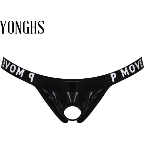 Mens Patent Leather T-Back Sexy Thongs Briefs Panties Lingerie Letter Print Underwear Hollow Out Waistband Bulge Pouch Jockstrap