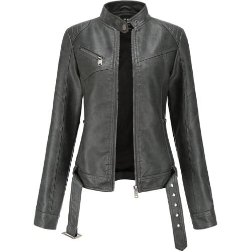 New Women Leather Coat Spring Autumn Long Sleeved With Belt Faux Leather Jacket Female Punk Outwear Ladies Biker Moto Outwear