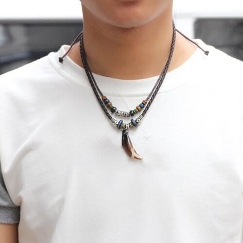 Vintage Punk Wolf Tooth Pendant Necklace For Men Leather Beaded Weaved Prayer Necklace Jewelry