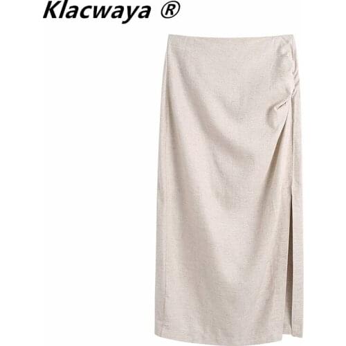 Klacwaya Za Women 2021 High Waist Back Zipper Long Skirts Woman Summer Pleated Split Midi Skirt Ruched Elegant Skirts
