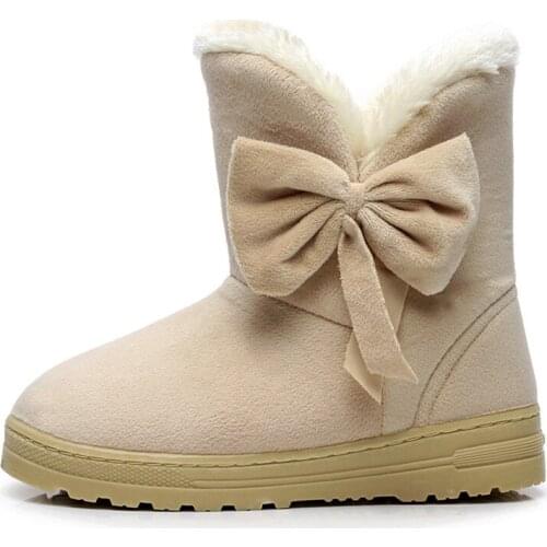 Women Boots Female Winter Boots Warmer Plush Bowtie Fur Suede Flat Slip on Snow Boots Fashion Platform Black T2-56