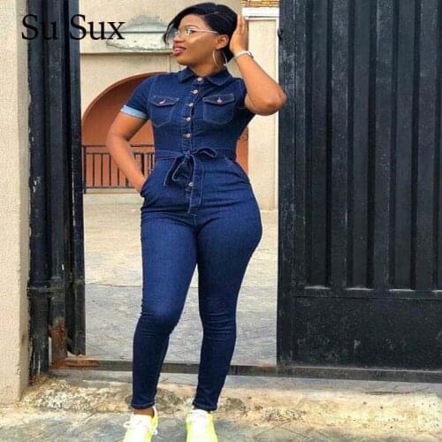 Casual Jeans Jumpsuits Rompers Women Denim Skinny Bodycon Playsuit Short Sleeve Turn-down Collar Jumpsuit Outfit Female 2020