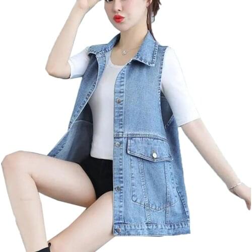 Cowboy Vest Women Mid Long Outer Wear All-Match Female Vest Jacket 2021 New Spring Loose Large Size Ladies Denim Waistcoat