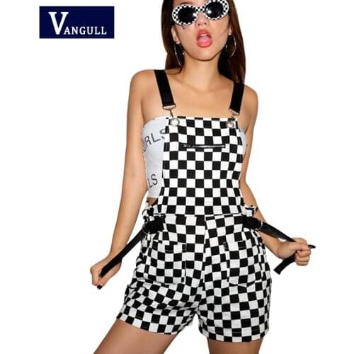 Vangull Women Overalls Playsuit Black White Plaid Jumpsuit 2021 Summer Fashion Casual Romper Loose Sleeveless Strap Jumpsuit