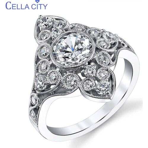 Cellacity Delicate Fine Jewelry Sterling Silver 925 Ring for Women 7.5mm Main Zircon Round Gemstones Vintage Carved hollow Party
