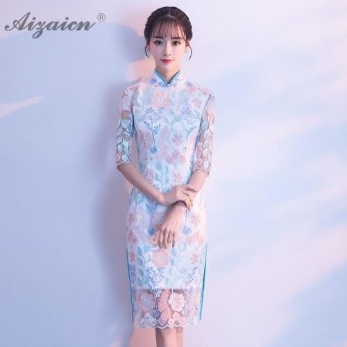 2019 Summer New Lace Long Flower Cheongsam China Femme Vintage Gown Qi Pao Women Traditional Chinese Dress Qipao Robe Orientale