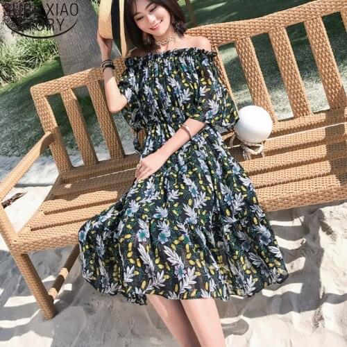 Floral Print Dress Off-Shoulder Slash Neck Women Dress 2020 Summer Short Sleeve Chiffon Loose Holiday Beach Style Vestido 10177