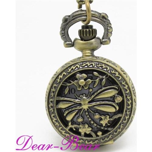 3024) Vintage BronzeFlower Dragonfly watch Necklace Pocket watch pendant , 12pcs/lot , Dia 2.7cm. Free shipping promotion gift