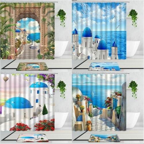 3D Mediterranean Landscape Shower Curtains Floral Arched Door Garden Theme Home Decor Bathroom Non-Slip Carpet Mats Bath Curtain