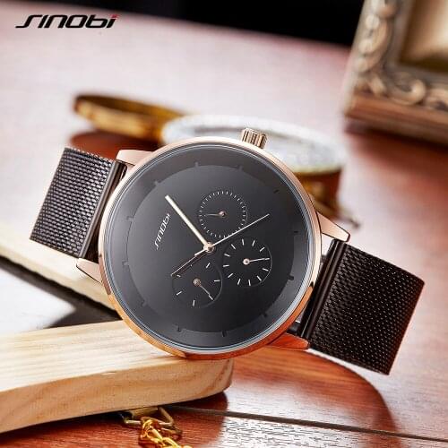 SINOBI Top Brand Luxury Business Men Watches High Quality Alloy Slim Mesh Strap Fashion Quartz Casual Week Clock Calendar Watch