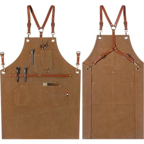 Canvas Apron Crossback Leather Strap Barber Florist Carpenter Gardener Work Wear Barista Bartender BBQ Pastry Chef Uniform K72