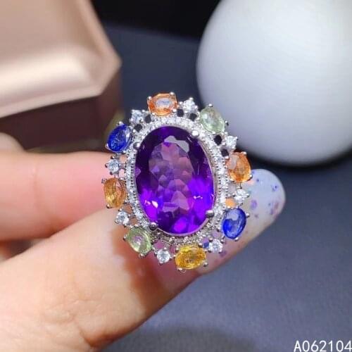 KJJEAXCMY fine jewelry 925 sterling silver inlaid Amethyst color sapphire Womens exquisite classic oval gem adjustable ring sup