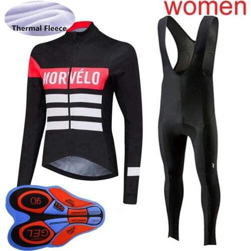 Womens Winter Team Cycling Jersey Set Long Sleeve Thermal Fleece Bike Shirt Bib Pants Suit Bicycle Uniform Warm Racing Clothing