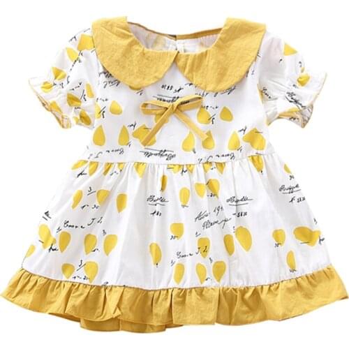 Korean girl cute dress sleeve doll collar Ruched bow letter print dress princess Dress kids dresses for girl L102