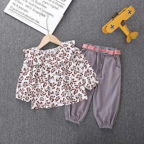 Girls Autumn Suit Korean 1-5 Years Old Girl Spring Floral Lotus Leaf Collar Long-sleeved Trousers Two-piece Childrens Clothing