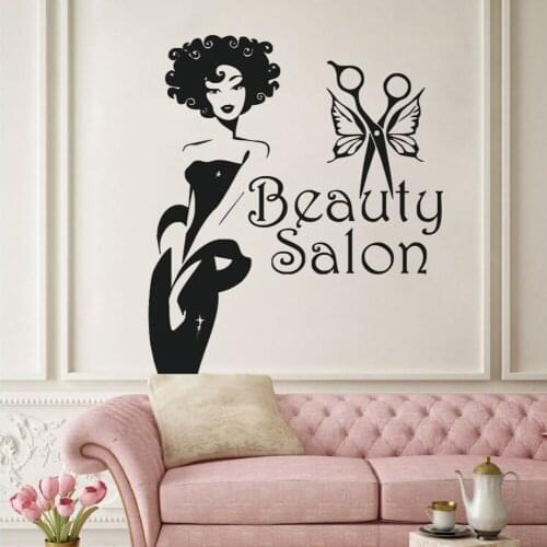 Beauty Salon Logo Window Sticker Beauty Girls Vinyl Wall Decal Butterfly Scissors Wall Art Murals Makeup Studio Decoration AZ659