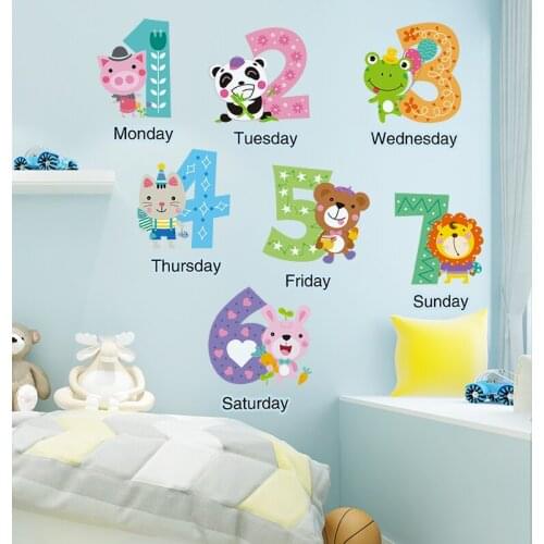 Week Numbers Wall Sticker DIY Cartoon Animal Mural Decor Decals for Kids Room Baby Bedroom Children Nursery Home Decoration