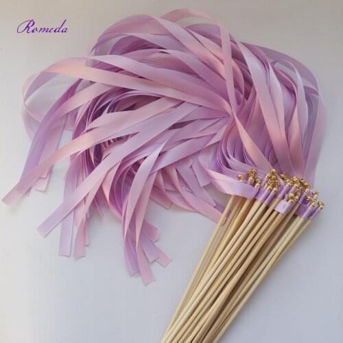 Newest 50pcs/lot Purple and Light Purple wedding ribbon stick wands with gold bell for wedding decoration
